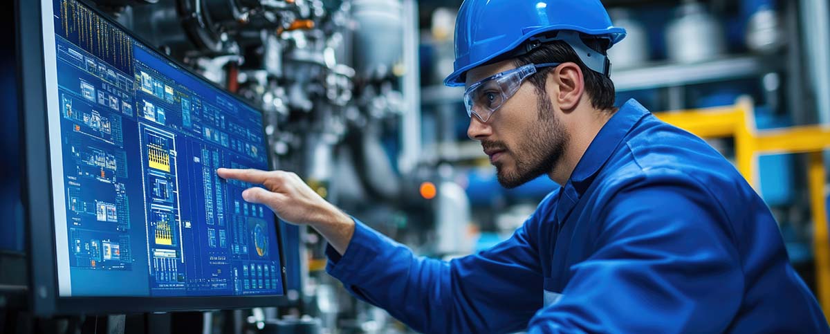 Image-Engineer operator controller working with manufacturing system computer screen.