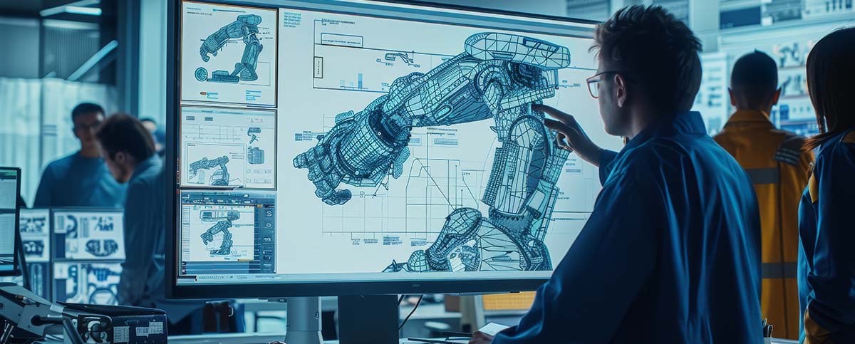 Image-Team of engineers working on futuristic robotic arm design in high-tech office